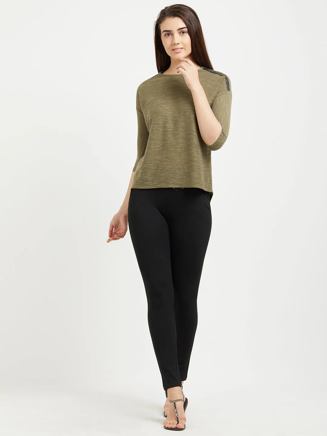 Olive Solid Top With Shoulder Detaling