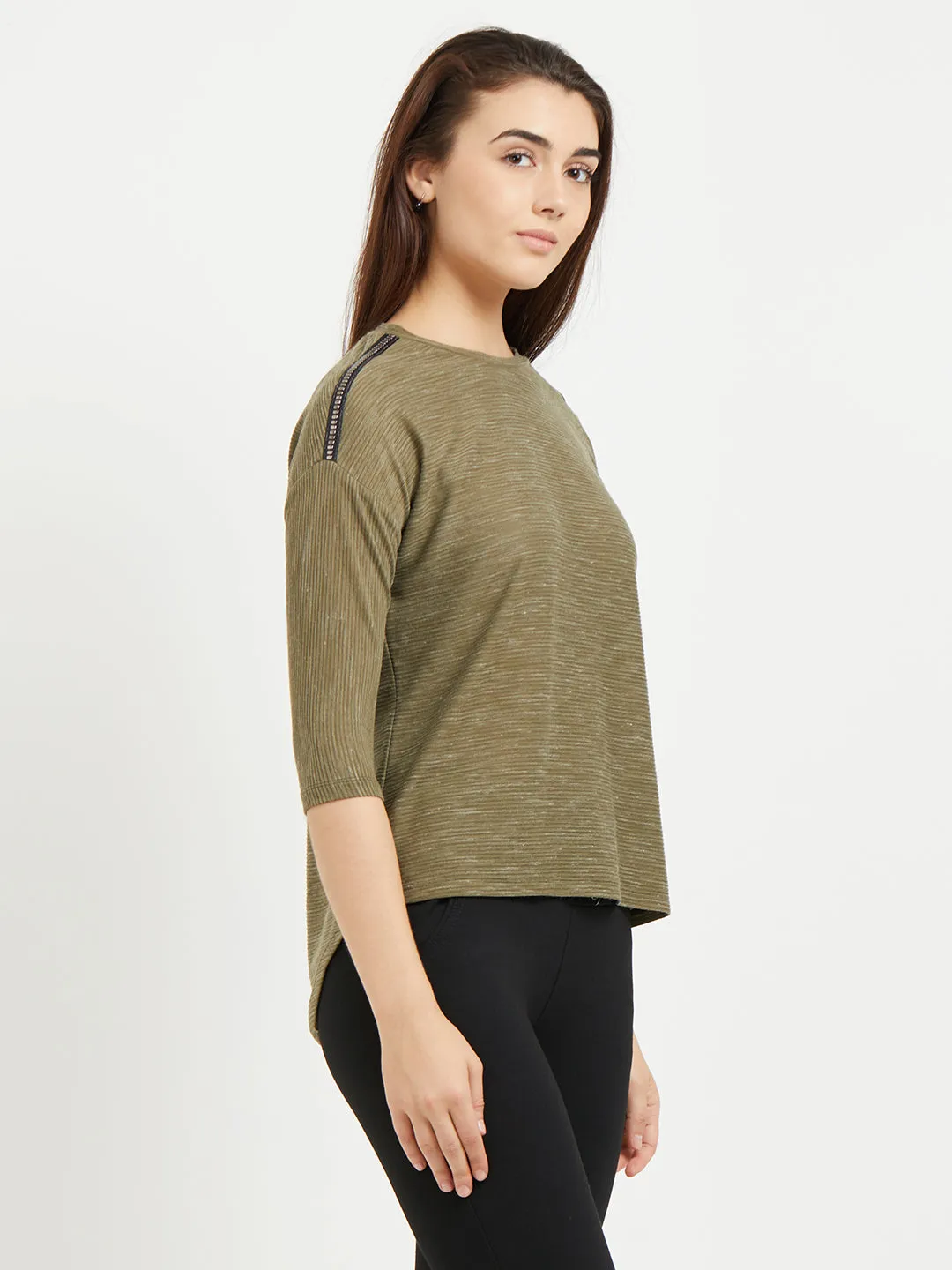 Olive Solid Top With Shoulder Detaling