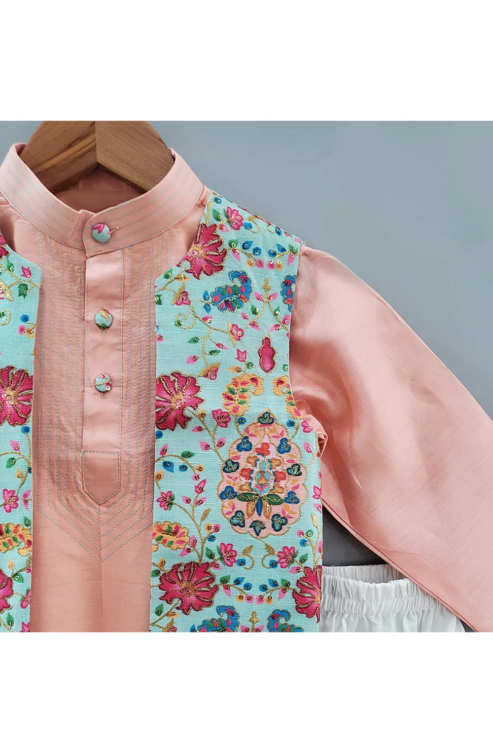 Peach Kurta With Embroidered Nehru Jacket And White Pyjama