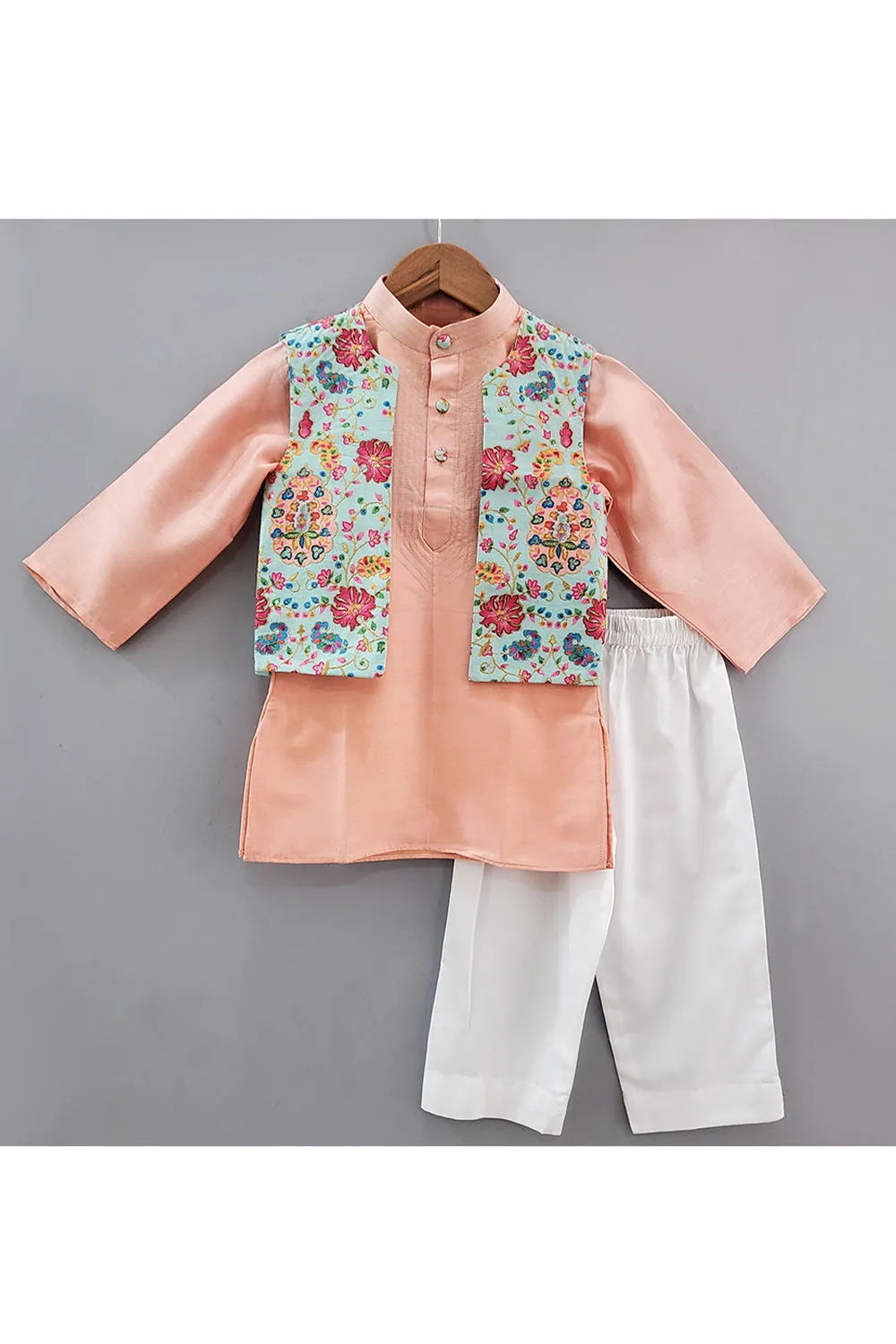 Peach Kurta With Embroidered Nehru Jacket And White Pyjama