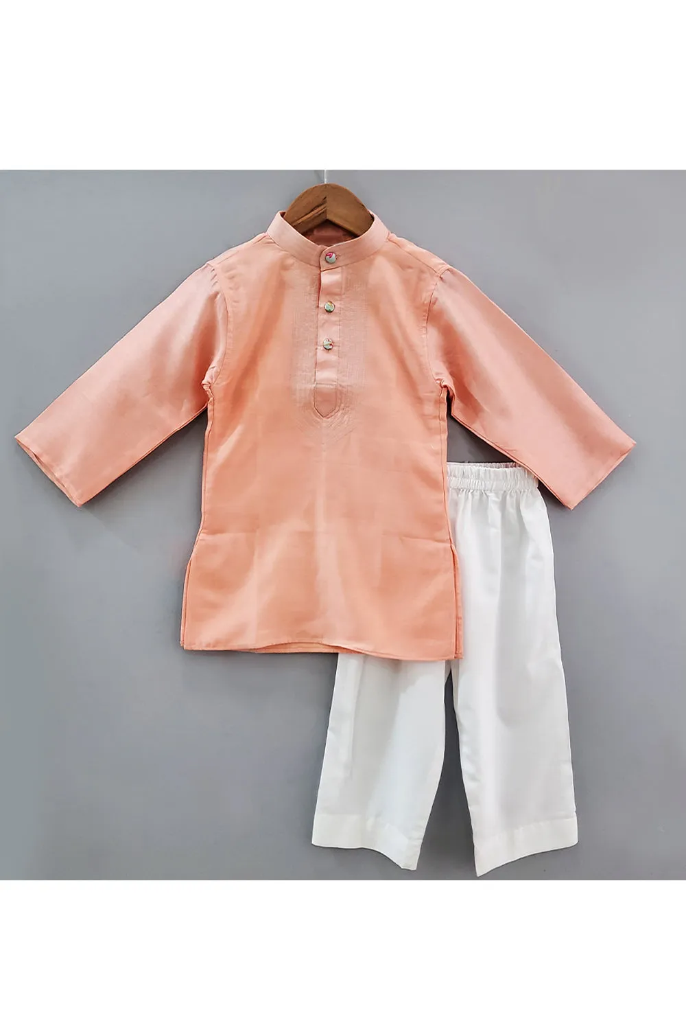 Peach Kurta With Embroidered Nehru Jacket And White Pyjama