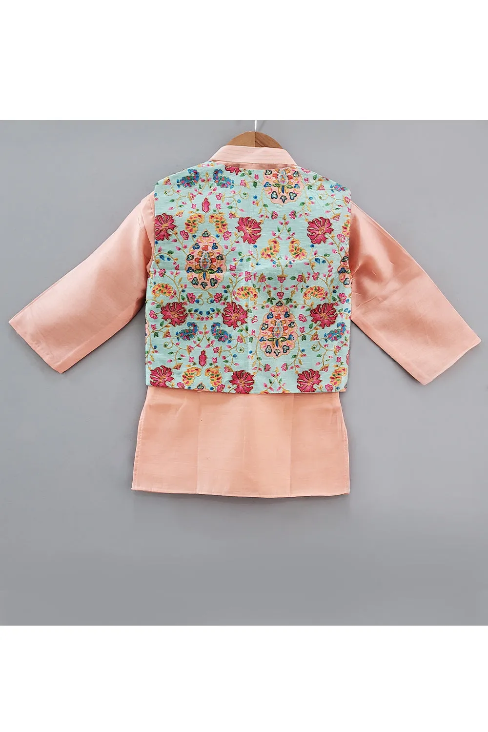 Peach Kurta With Embroidered Nehru Jacket And White Pyjama