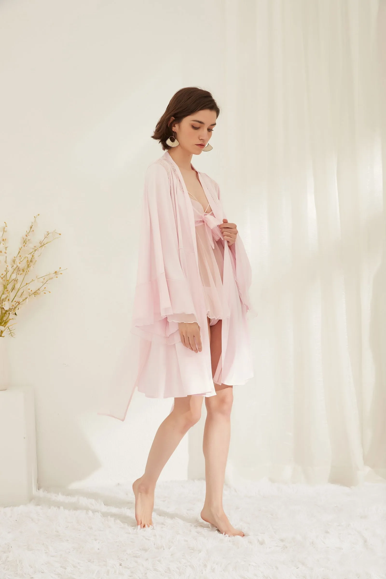 Pink Lace-Adorned Sheer Nightdress