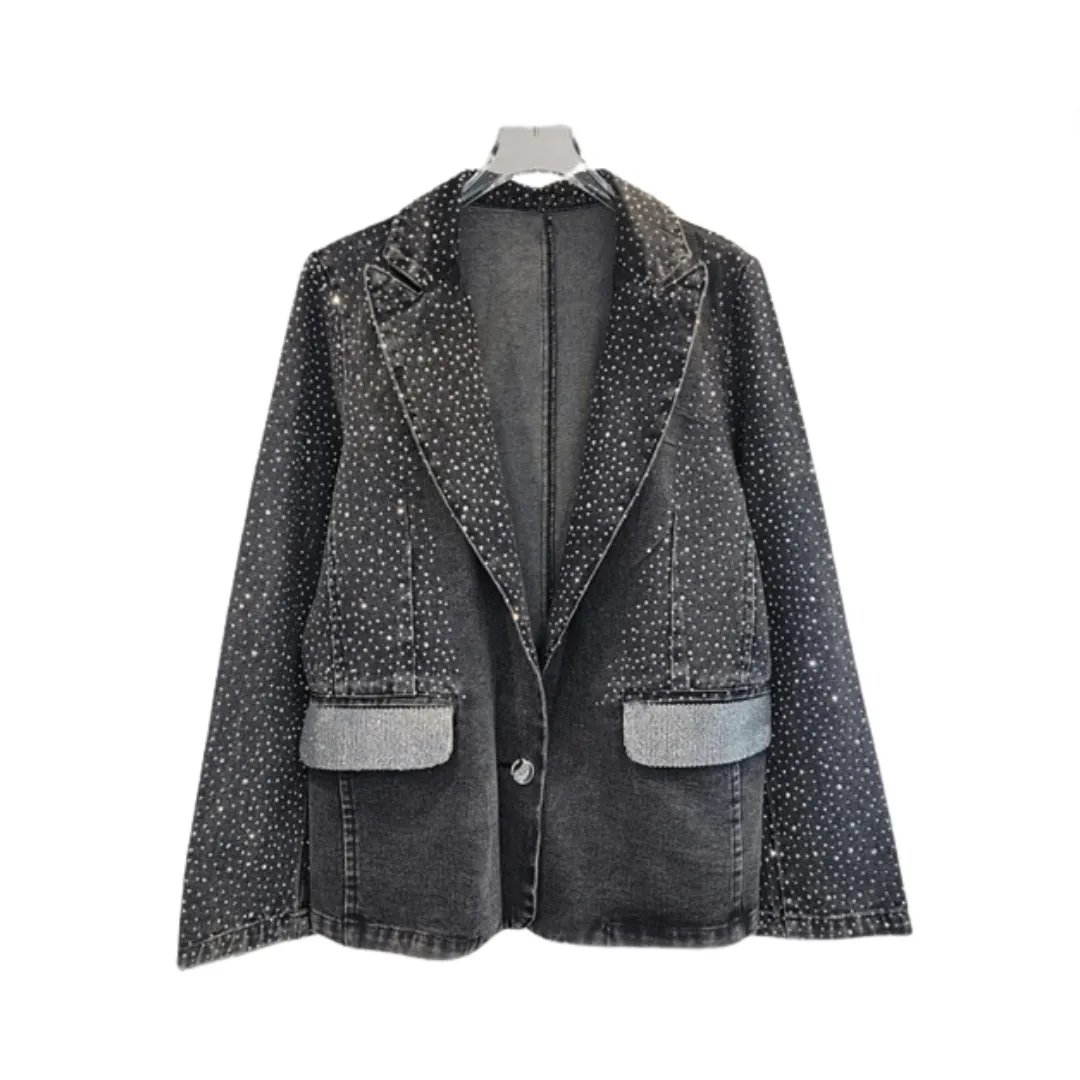 Pre Order:  Diamond Studded Washed Black Denim Jacket