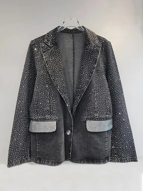 Pre Order:  Diamond Studded Washed Black Denim Jacket