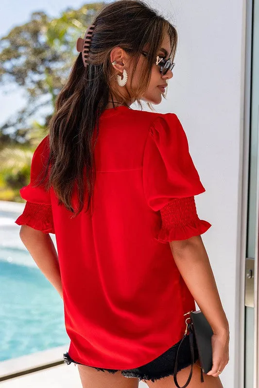 Red Half Sleeve V Neck Top