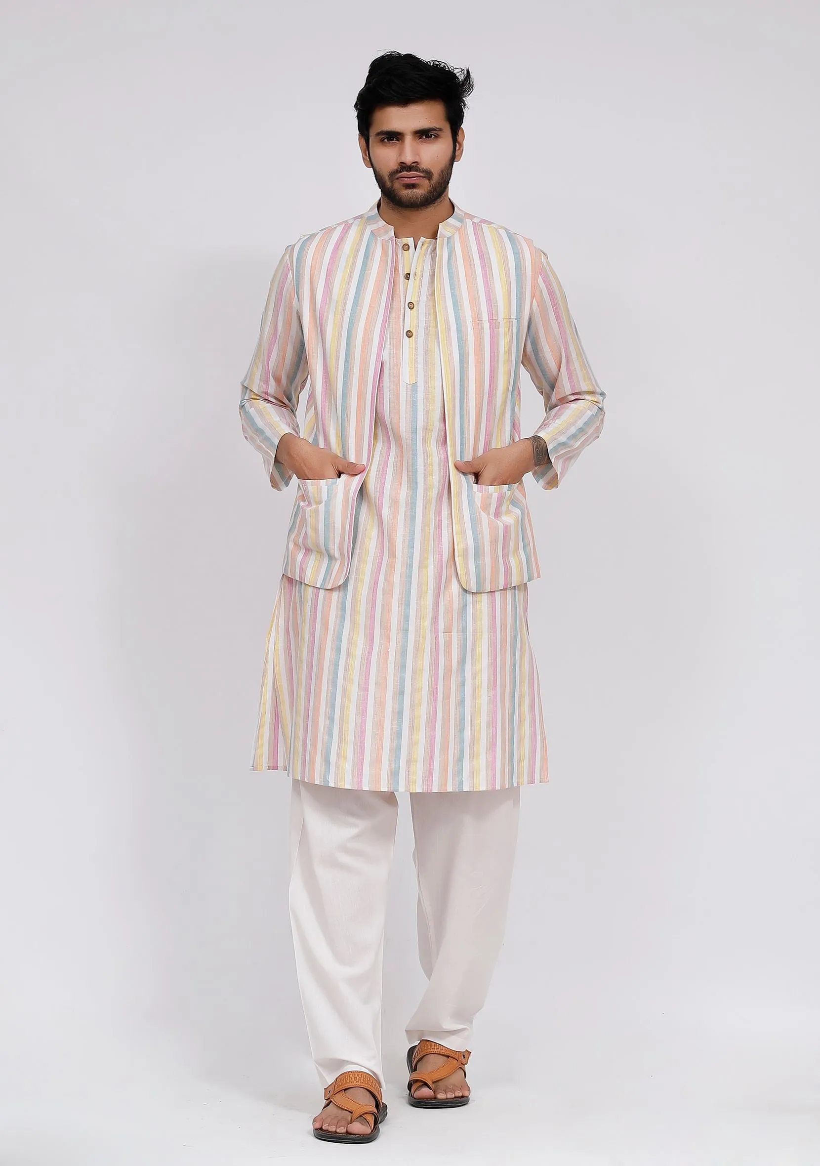 Set of 3: White Stripe Nehru Jacket With White Stripe Kurta and White pajama