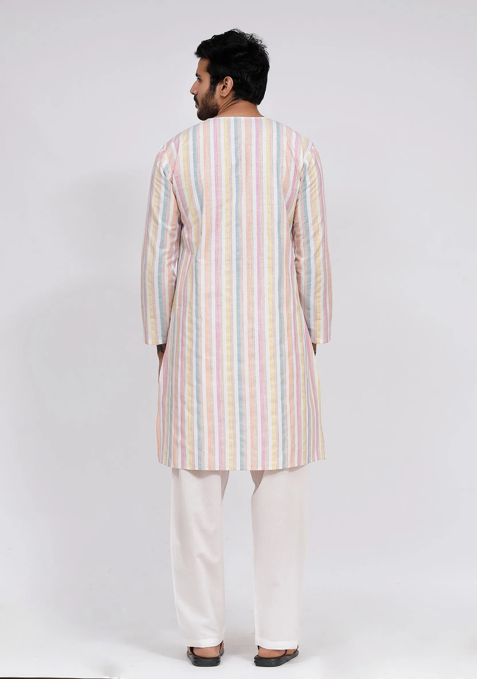 Set of 3: White Stripe Nehru Jacket With White Stripe Kurta and White pajama