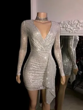 Silver Sequin Short Party Dress,Cocktail Dresses    fg3100