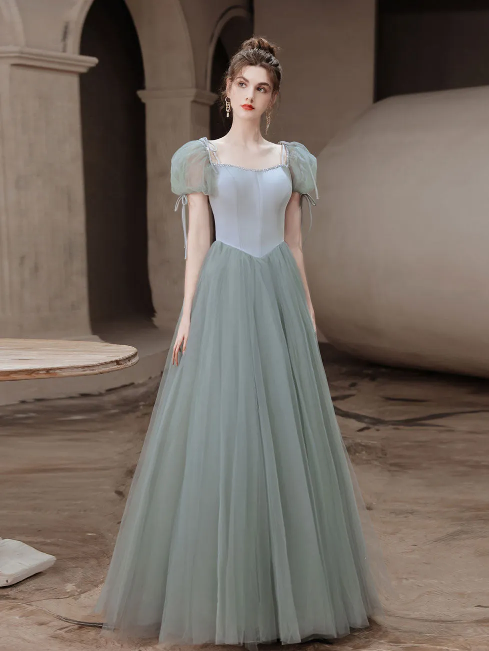 Simple Gray Green Tulle Long Prom Dress, Gray Green Evening Dress