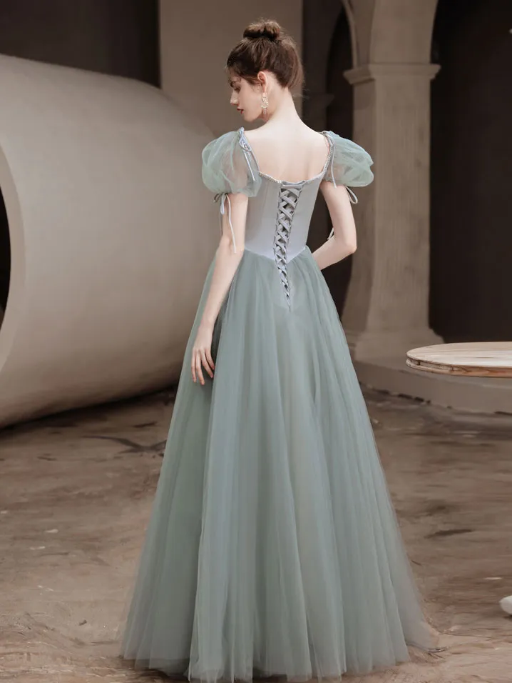 Simple Gray Green Tulle Long Prom Dress, Gray Green Evening Dress