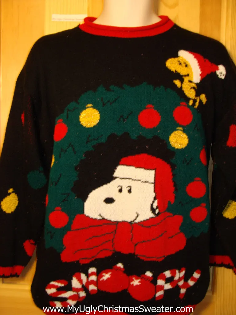 Snoopy 80s Classic Tacky Ugly Christmas Sweater with Giant Wreath and Candy Canes (f321)