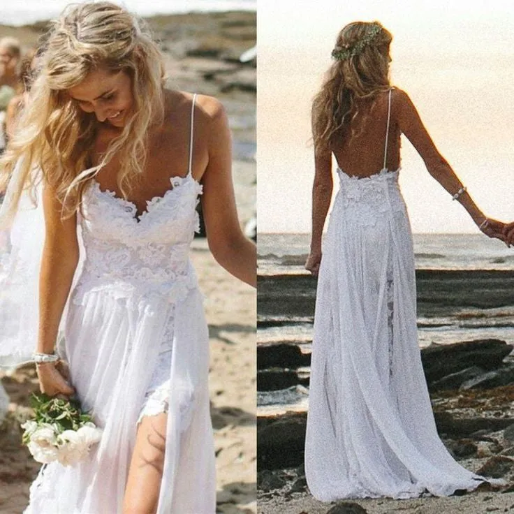 Spaghetti Straps White Lace Chiffon Backless Beach Wedding Dresses W21