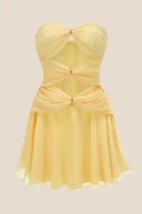 Strapless Yellow Cut-out Ruched A-line Short Dress