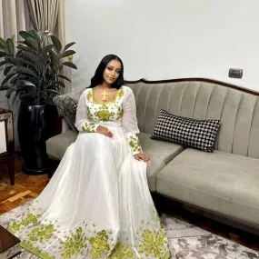 Sunny Elegance: Modern Menen Fabric in Yellow Habesha Kemis