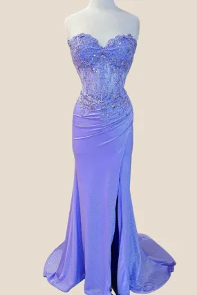 Sweetheart Lilac Appliques Long Dress with Slit