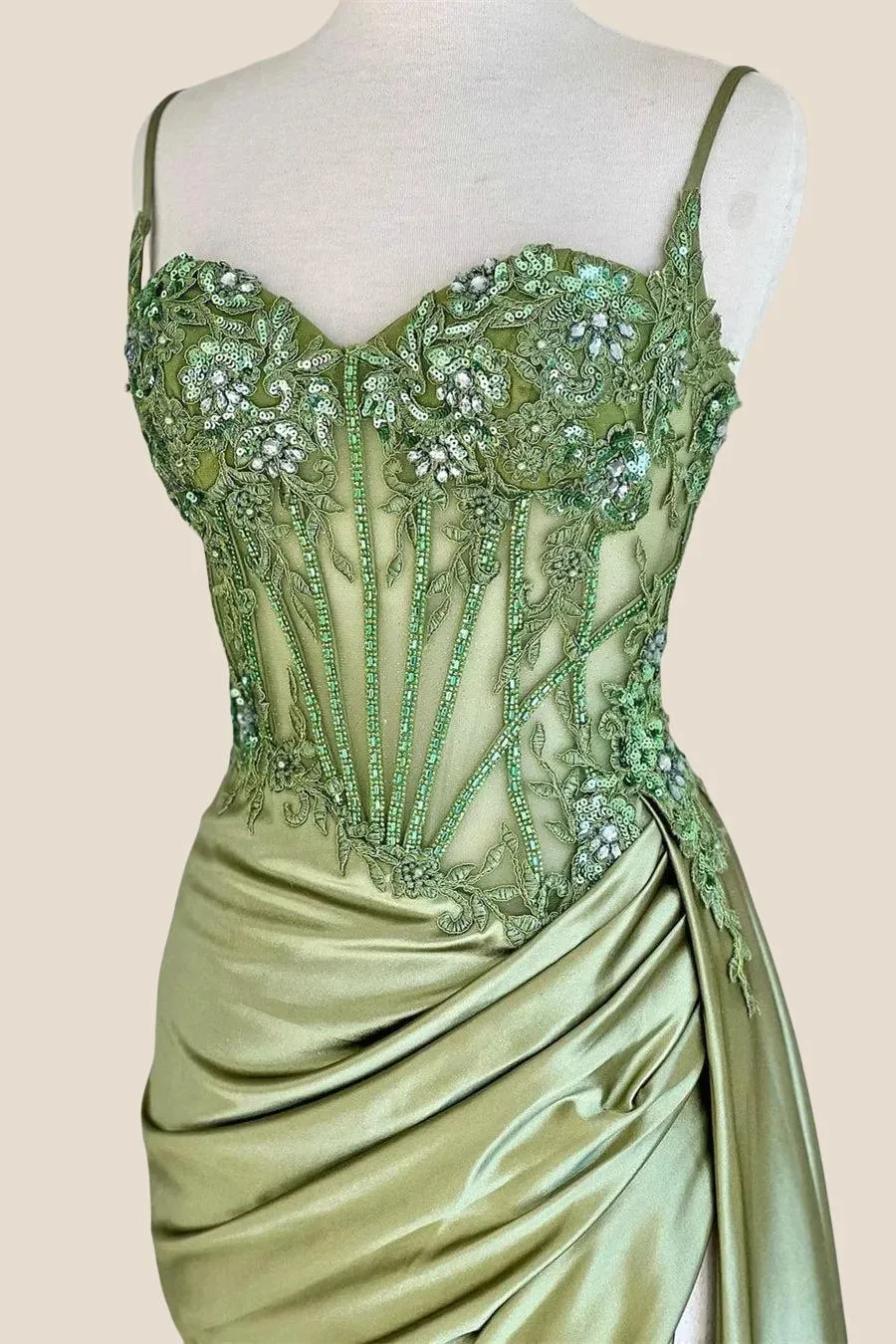 Sweetheart Sage Green Appliques Mermaid Long Dress