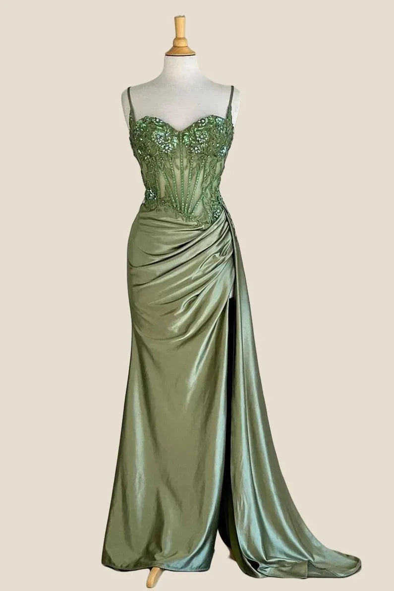 Sweetheart Sage Green Appliques Mermaid Long Dress