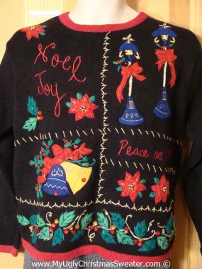 Tacky Holiday Sweater with NOEL and JOY and Festive Poinsettias (f1037)