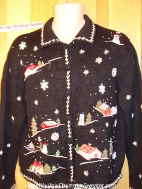 Tacky Ugly Christmas Sweater Snowy Winter Wonderland Town (f88)