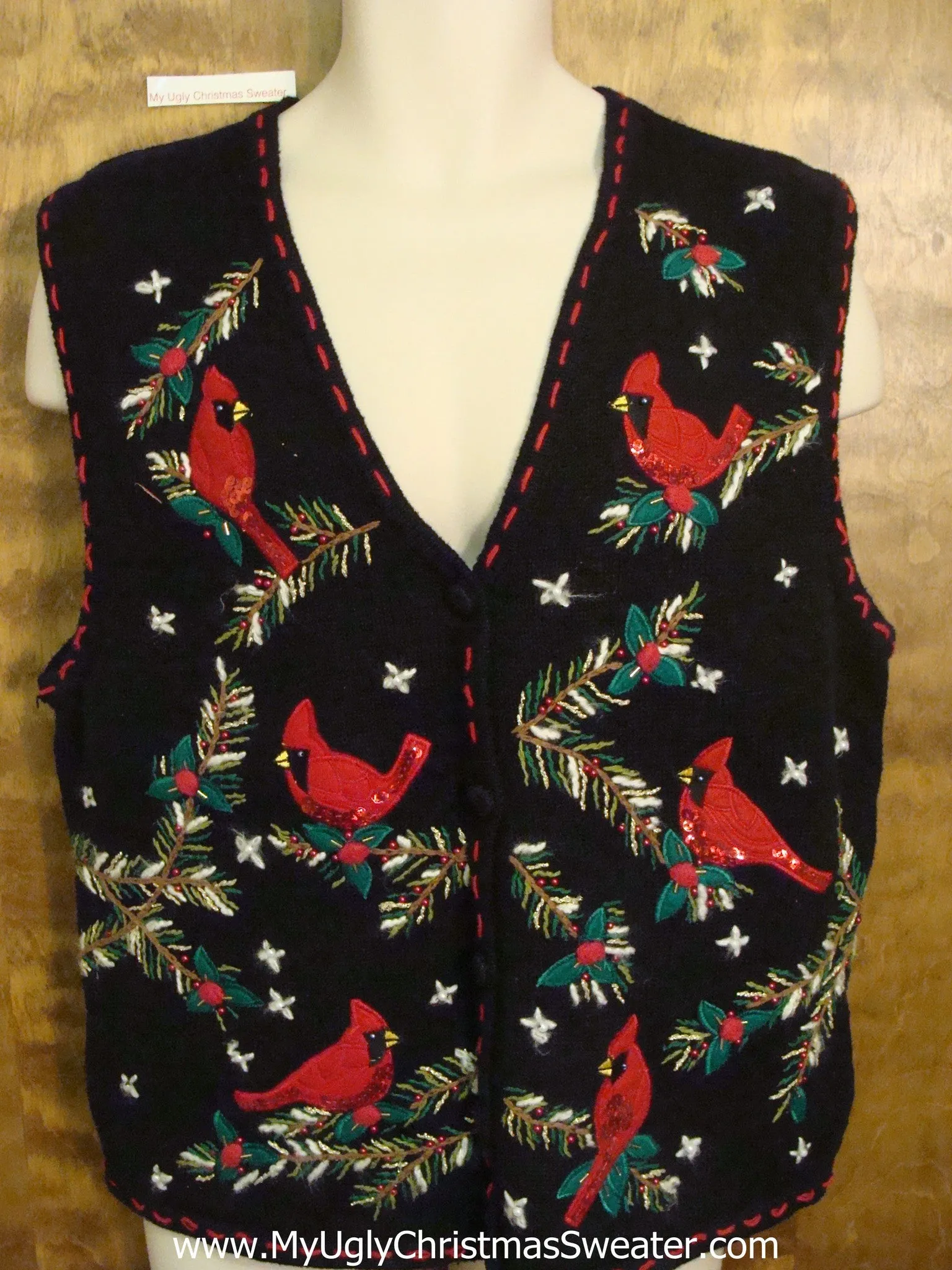 Ugly Festive Xmas Sweater Vest with Red Cardinal Birds