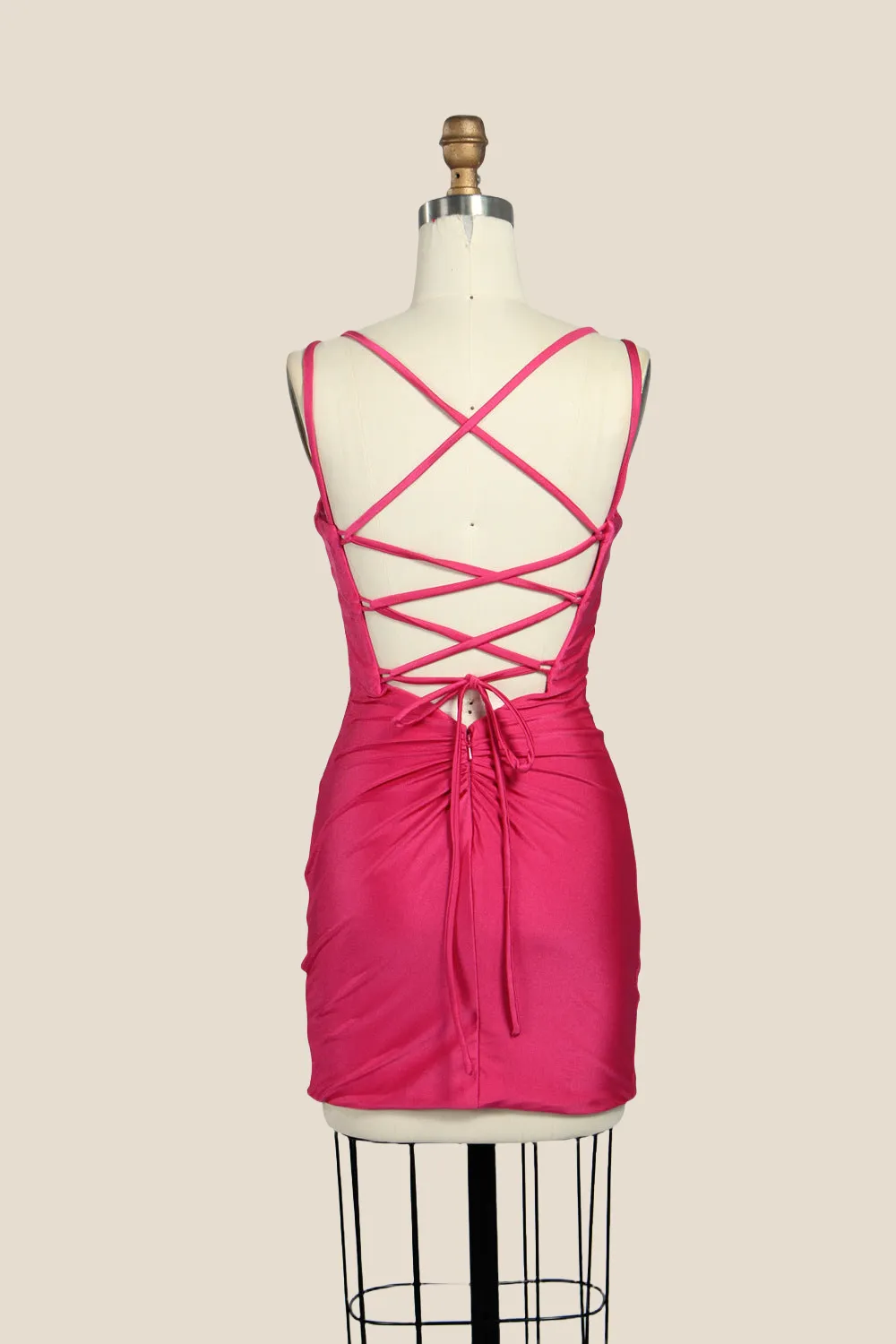 V-neck Pink Ruched Bodycon Short Dress