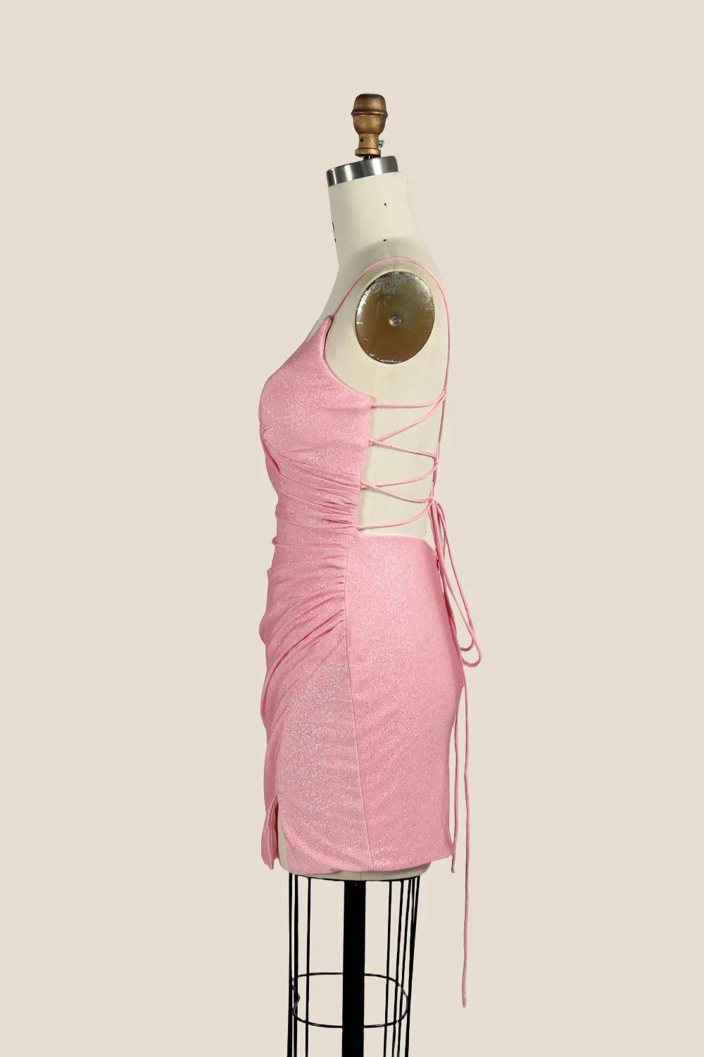 V-neck Pink Ruched Bodycon Short Dress