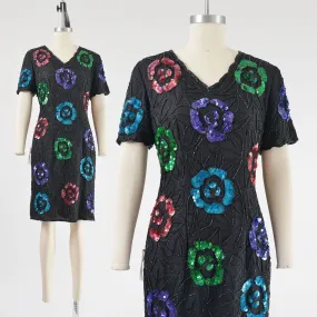 Vintage 80s Black Floral Beaded Short Sleeve Sequin Silk Party Cocktail Dress size M