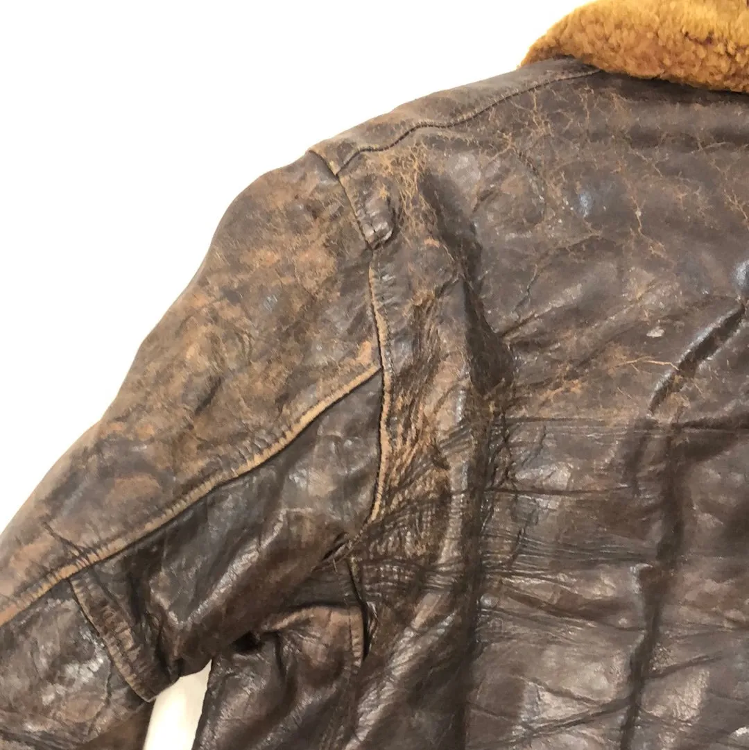 Vintage Brown Leather Jacket W/ Fur Collar