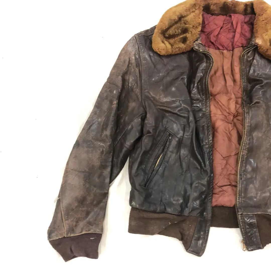 Vintage Brown Leather Jacket W/ Fur Collar