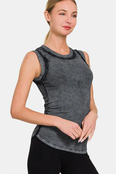 Washed Ribbed Round Neck Slim Tank