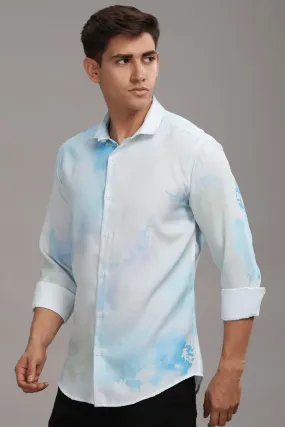 Water Blue Printed Shirt -Full- Wrinkle Free