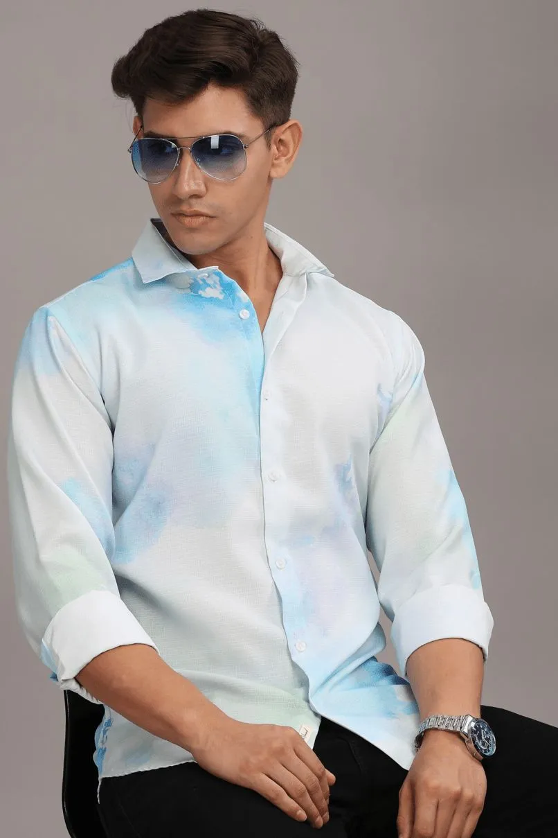 Water Blue Printed Shirt -Full- Wrinkle Free