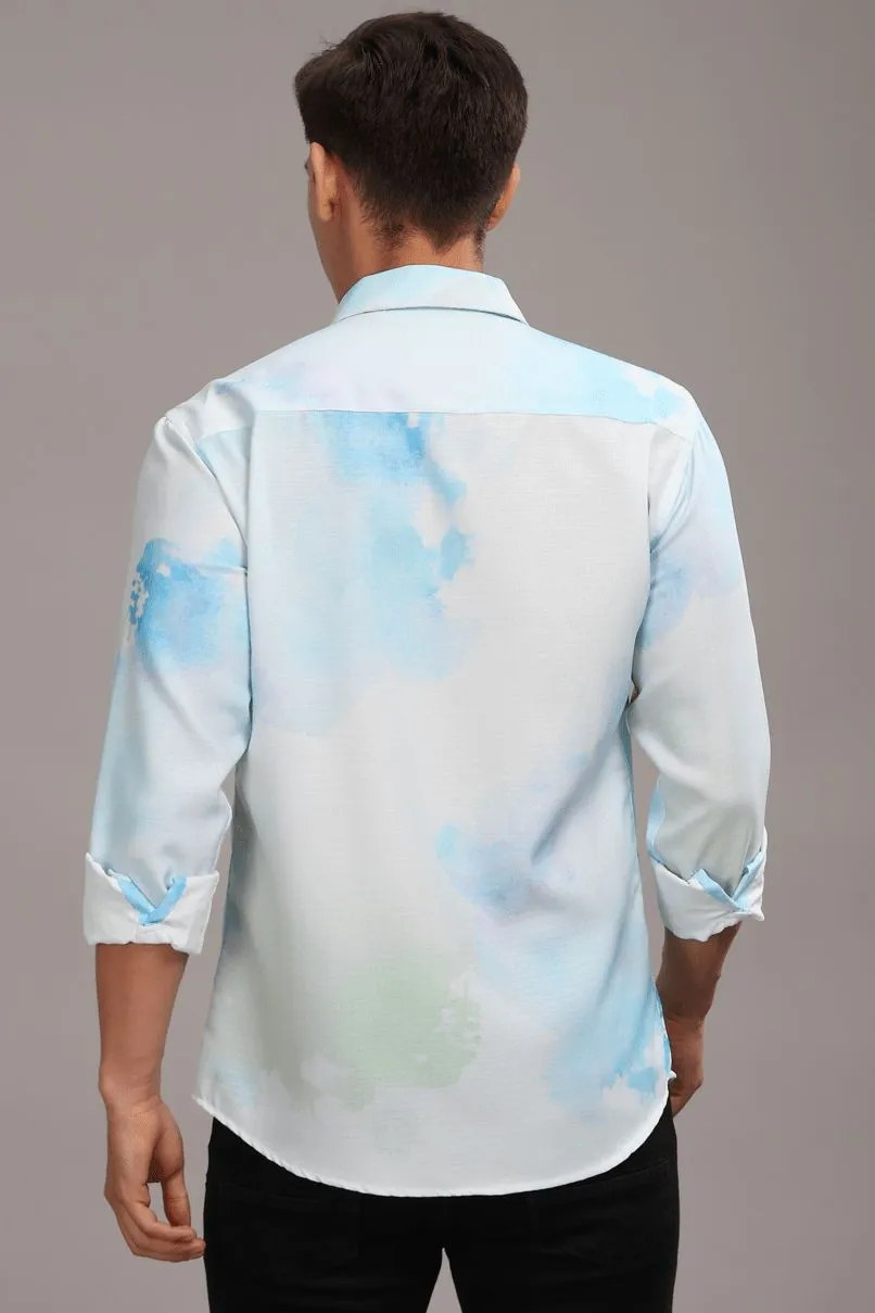 Water Blue Printed Shirt -Full- Wrinkle Free