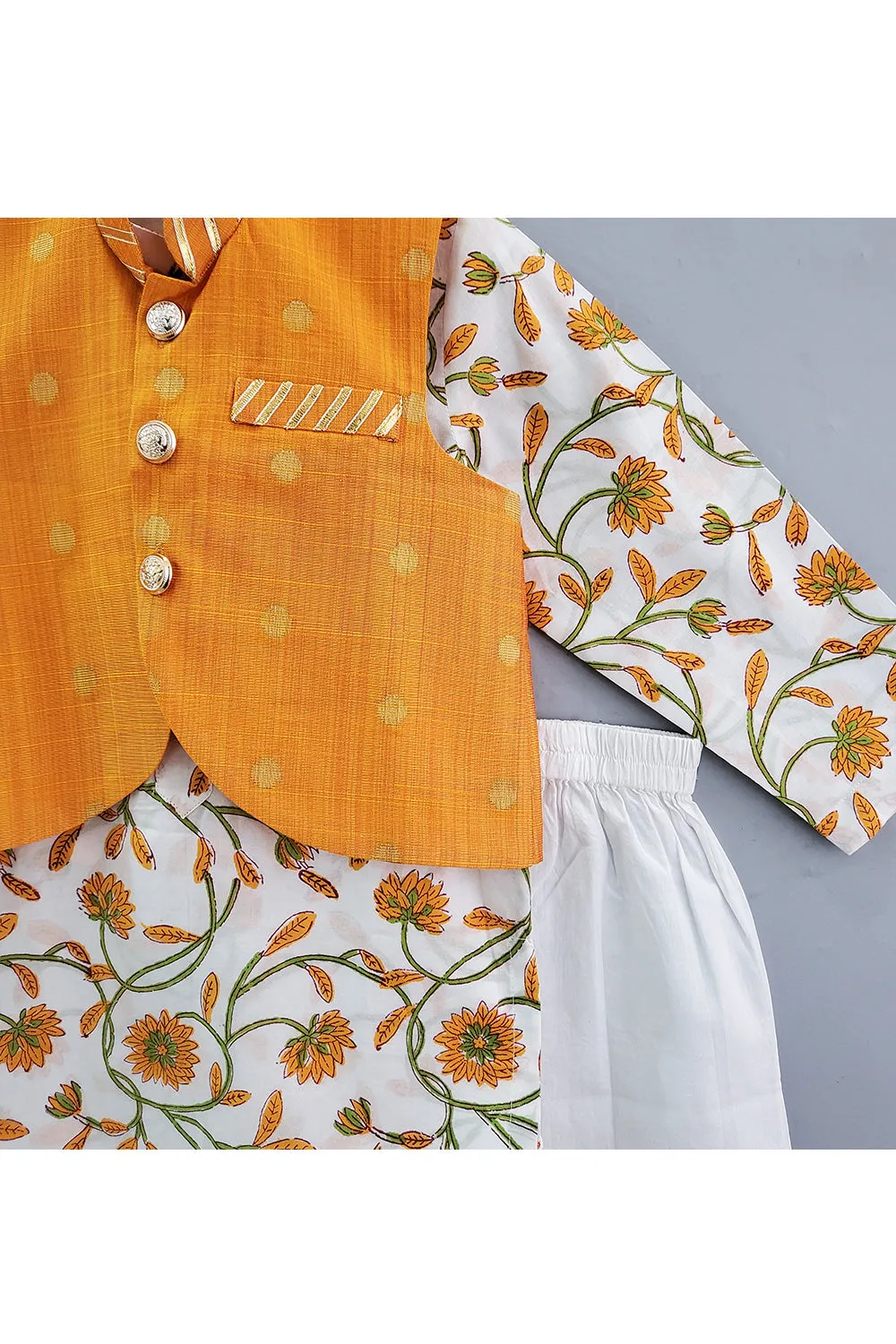 White Floral Hand Block Printed Kurta With Banarasi Jacket Set