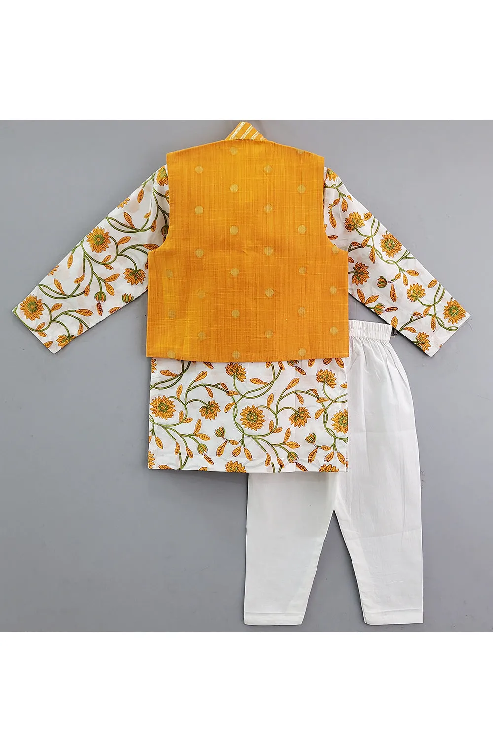 White Floral Hand Block Printed Kurta With Banarasi Jacket Set