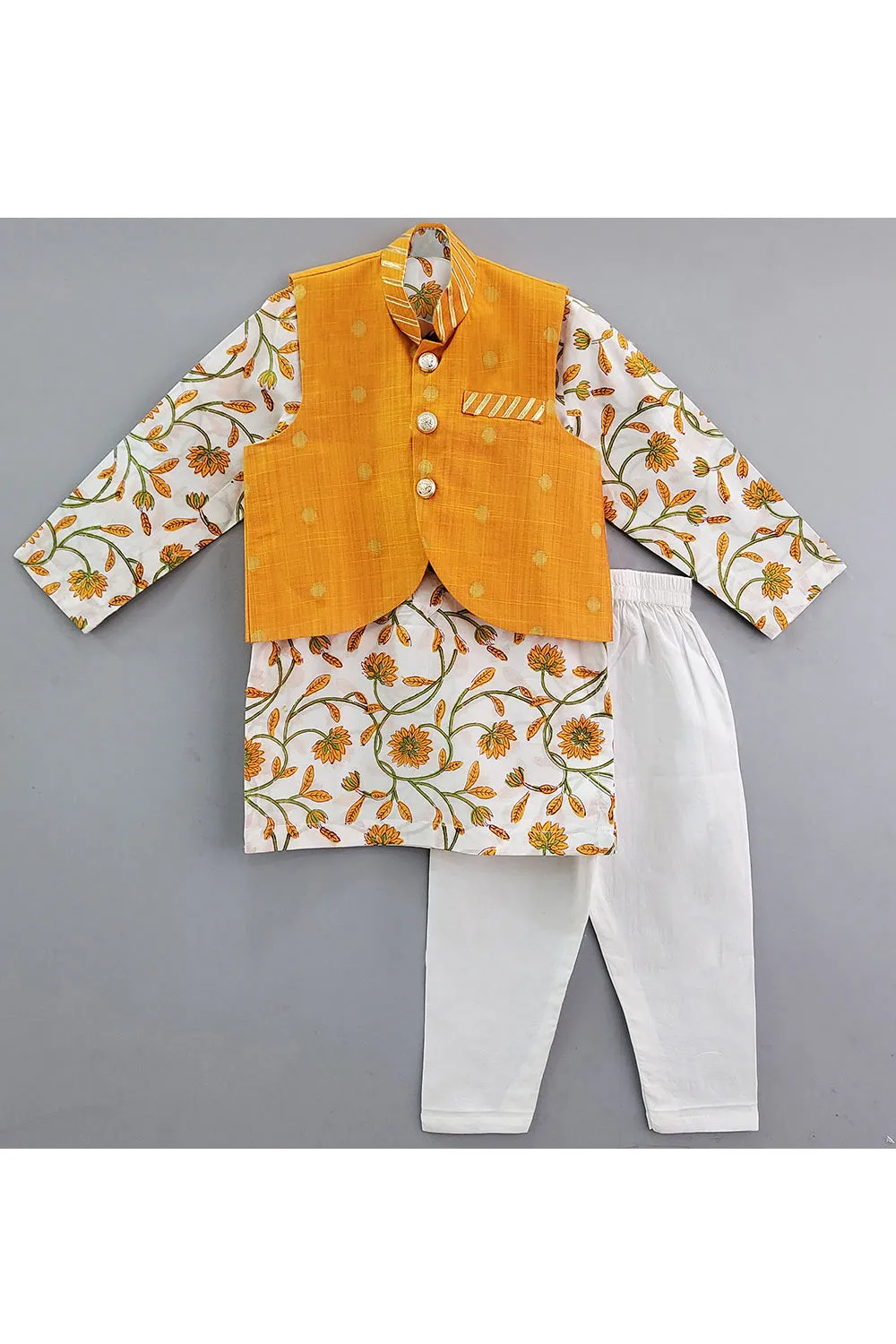 White Floral Hand Block Printed Kurta With Banarasi Jacket Set