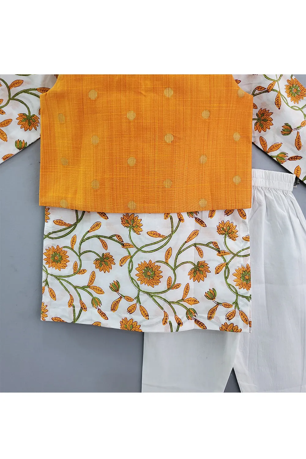 White Floral Hand Block Printed Kurta With Banarasi Jacket Set