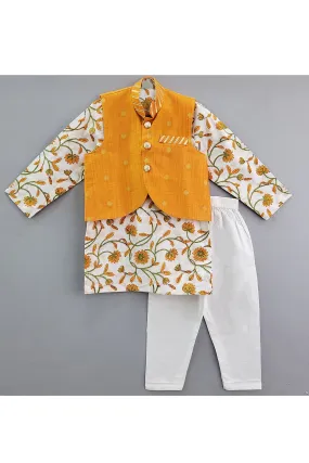 White Floral Hand Block Printed Kurta With Banarasi Jacket Set