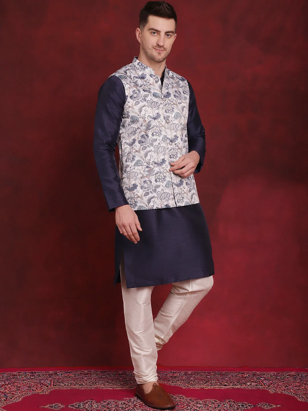 White Floral Printed Nehru Jacket With Kurta Pyjama Set