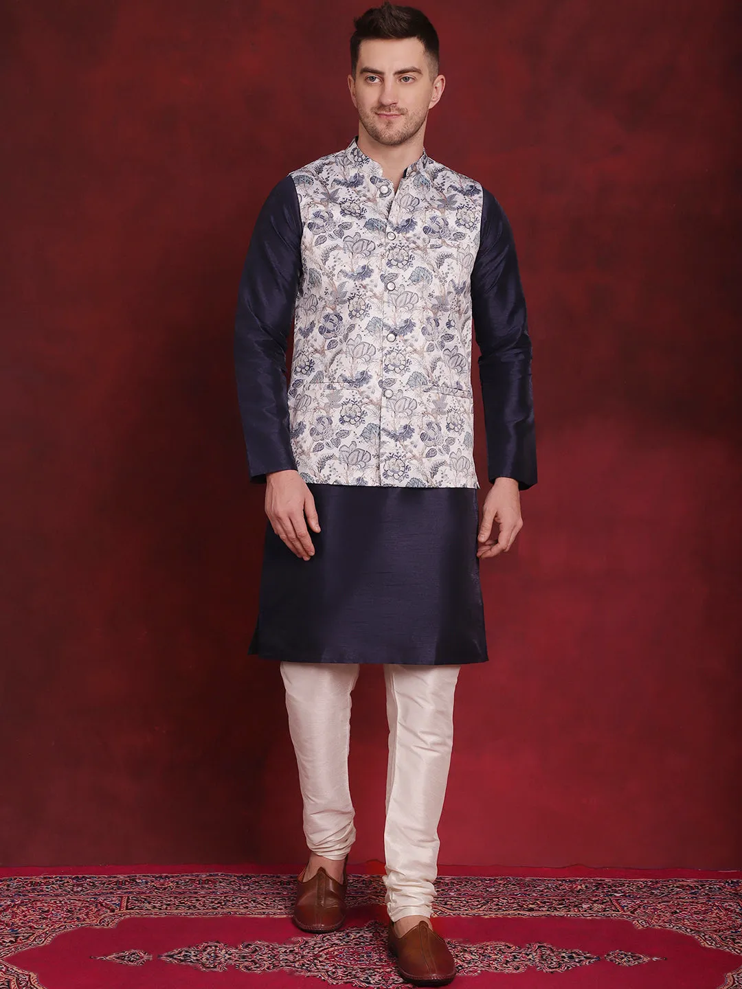 White Floral Printed Nehru Jacket With Kurta Pyjama Set