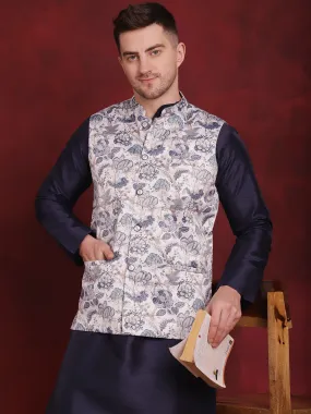 White Floral Printed Nehru Jacket With Kurta Pyjama Set