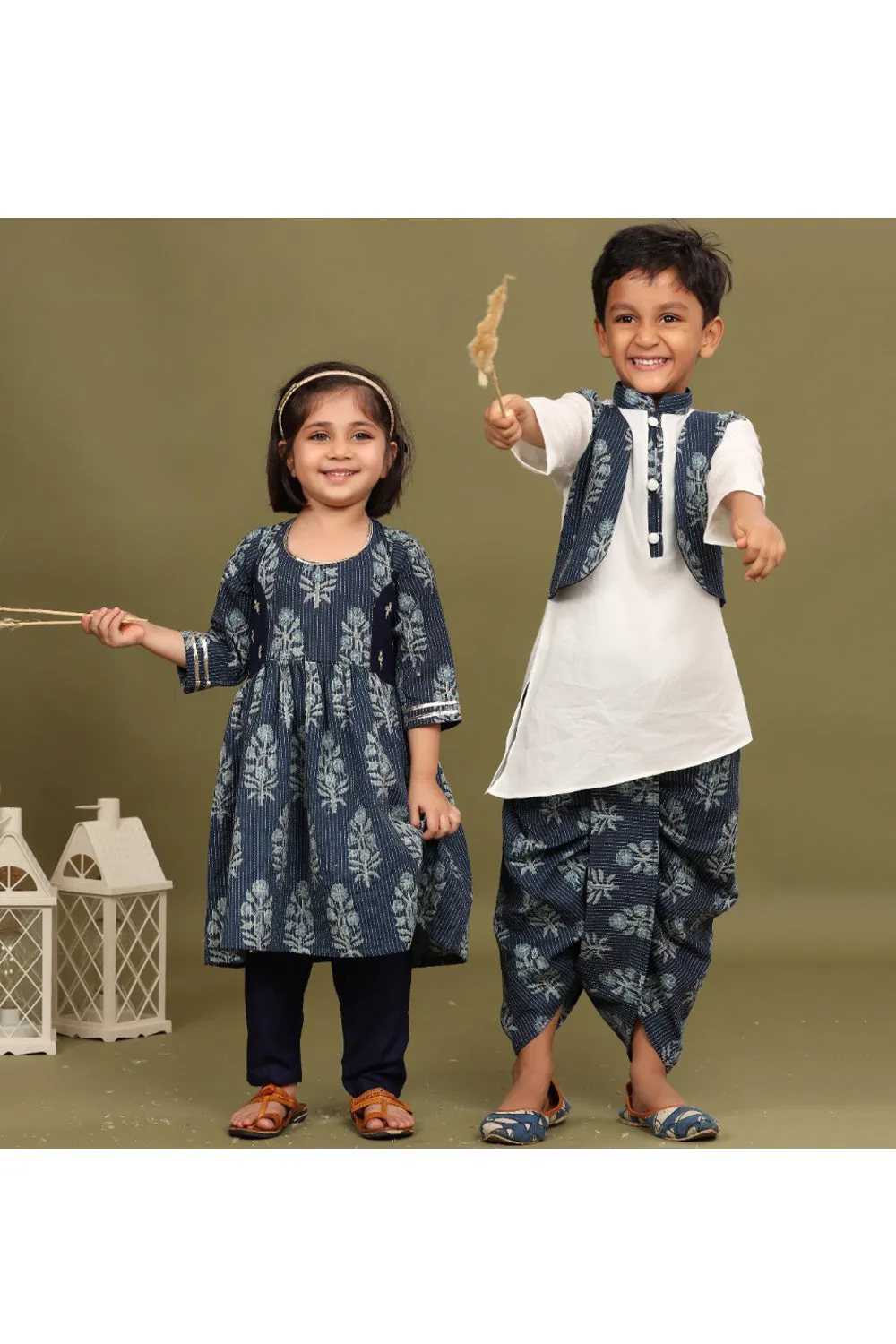 White kurta and blue dhoti with katha jacket