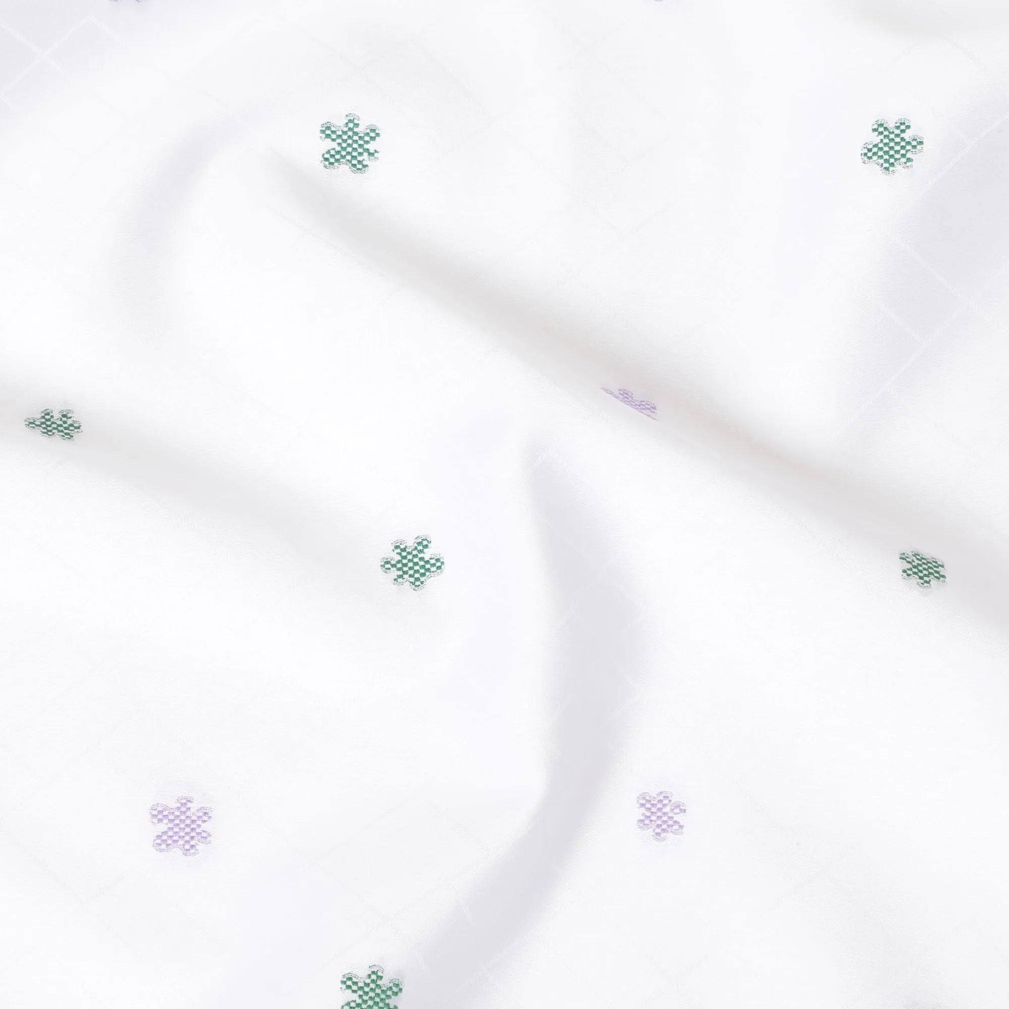 White Premium 100% Cotton shirting fabric having  same tone jacquard, lavender and green embroidery in abstract design-D9630