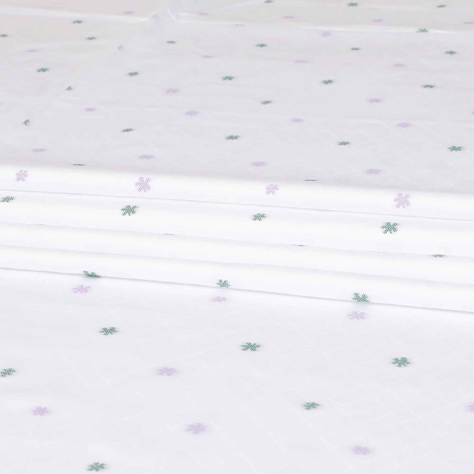 White Premium 100% Cotton shirting fabric having  same tone jacquard, lavender and green embroidery in abstract design-D9630