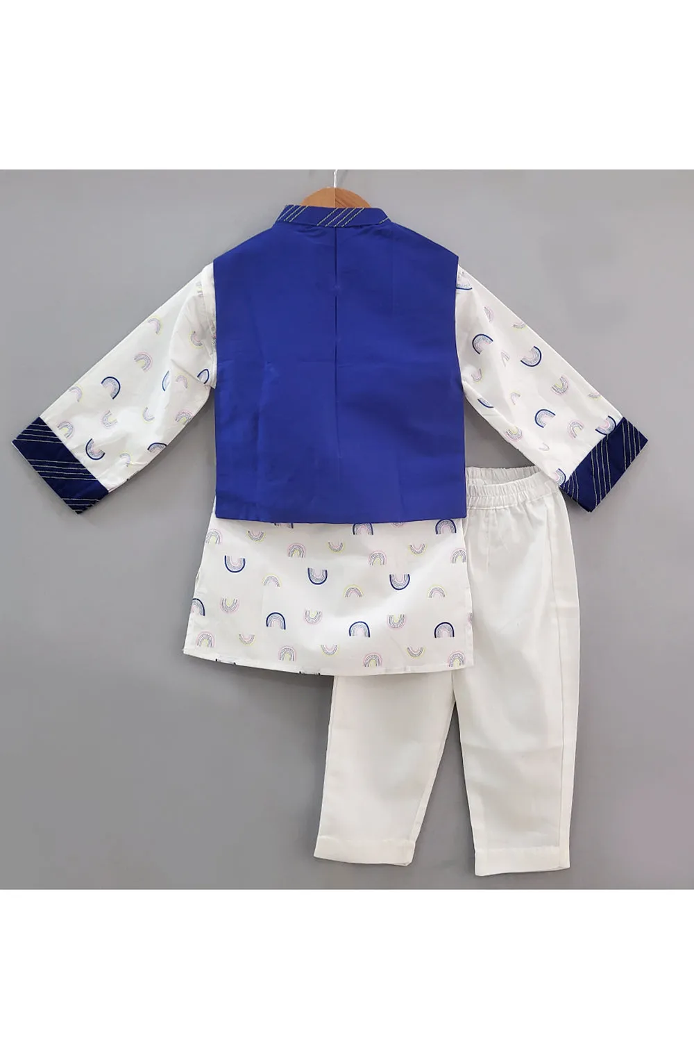 White Rainbow Printed Kurta Pyjama Set With Blue Nehru Jacket