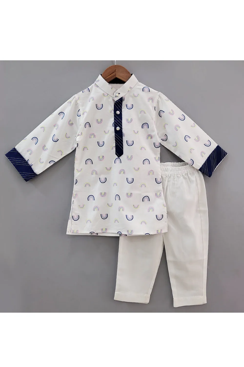 White Rainbow Printed Kurta Pyjama Set With Blue Nehru Jacket