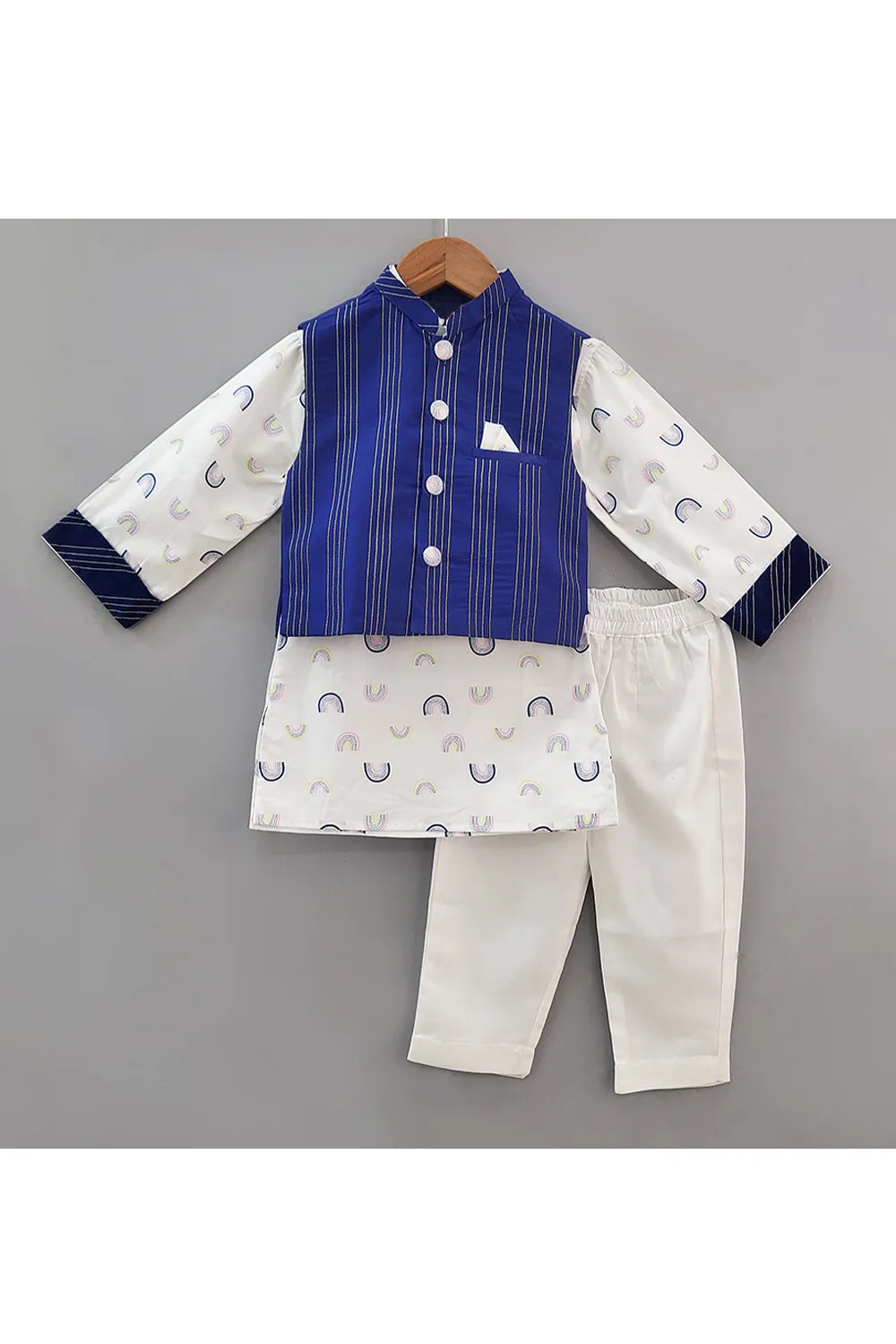 White Rainbow Printed Kurta Pyjama Set With Blue Nehru Jacket