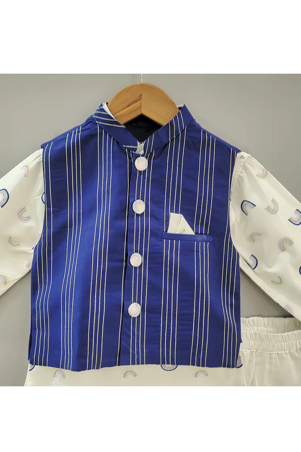 White Rainbow Printed Kurta Pyjama Set With Blue Nehru Jacket