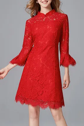 Women Beautiful Stand-Up Collar Flare Sleeve Floral Lace Dress - WD66674